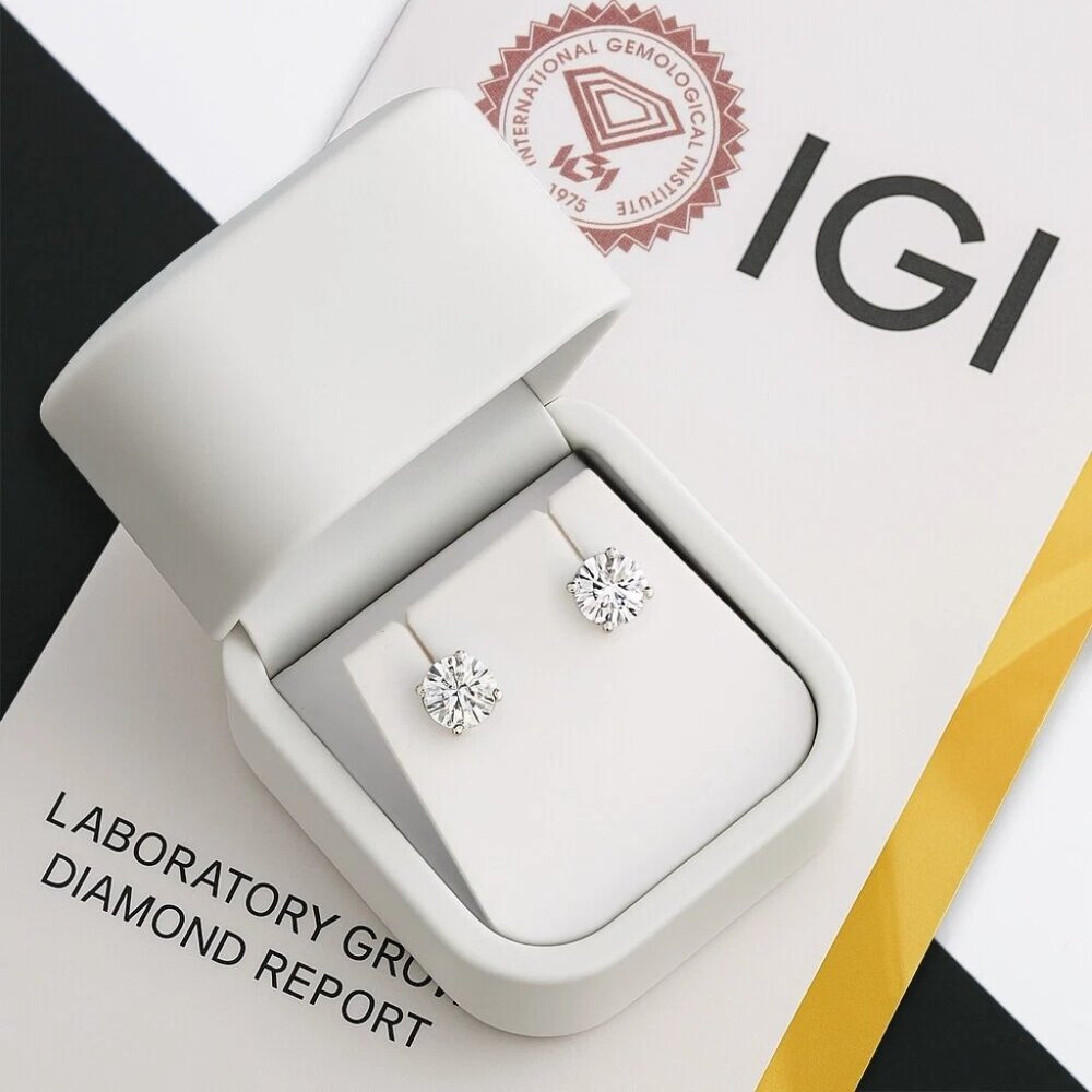 2.00ct Lab Grown Diamond Round Brilliant 4-Prong Stud Earrings in 14k Y Gold - Picture 5 of 6